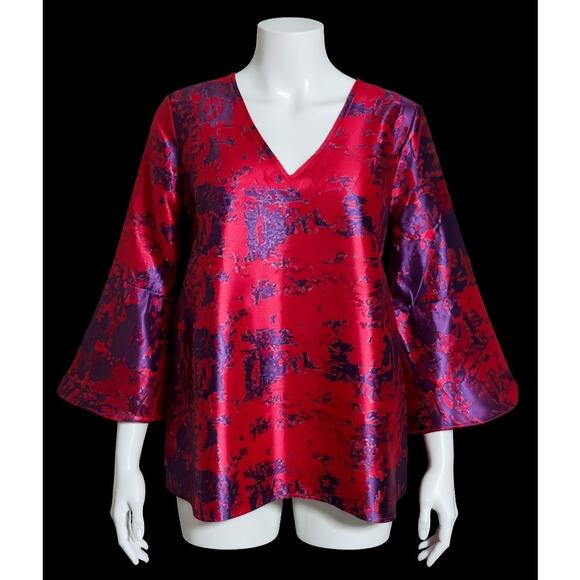 Tuckernuck Small Red Purple Raspberry Jacquard Blouse Top 3/4 Bell Sleeves - Picture 1 of 8